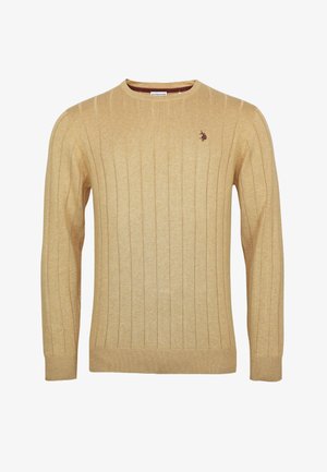 Beige, gerippter, langärmliger Pullover mit Rundhalsausschnitt und kleinem, dunkelbraun gesticktem Logo auf der linken Brust.