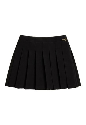 Schwarzer Minirock mit Kellerfalten und einem kleinen goldenen Reißverschlussdetail am Taillenbund, dargestellt vor weißem Hintergrund.