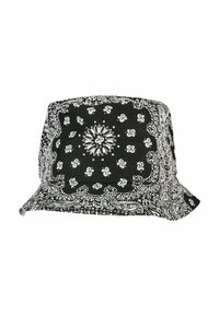 Black bucket hat featuring intricate white bandana patterns, with a structured, wide brim and soft fabric texture.