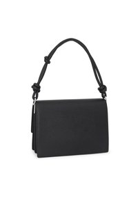 Borsa nera realizzata in materiale testurizzato, con una forma rettangolare strutturata, manici doppi annodati e un design minimalista.
