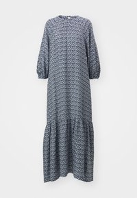 Mornarsko modra, obleka z dolgimi rokavi, s potiskanjem, okrogel ovratnik in večplastni volan. Iz lahkega materiala.