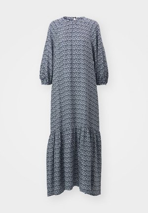 Navy blue, long-sleeve dress with a patterned fabric, round neckline, and a tiered ruffled hem. Made of lightweight material.