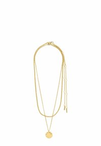 Collier superposé en ton doré avec plusieurs chaînes et un pendentif. Le pendentif est circulaire avec une surface texturée. Fermoirs pour un maintien sécurisé.