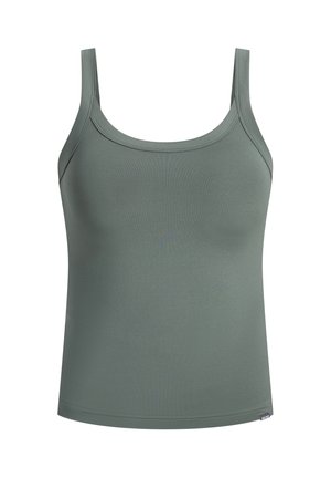 Olivgrünes Tanktop aus glattem Stoff, mit schmalen Trägern, einem Scoop-Ausschnitt und einem leicht taillierten Design.