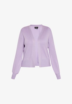 Lilac cardigan lavet af ribstrikket stof, med V-hals, åben front og lange ærmer med tætsiddende manchetter. Glat tekstur, afslappet pasform.