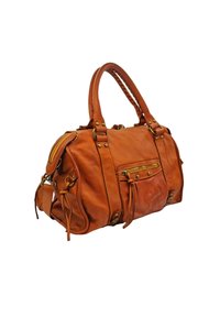 Sac à main en cuir marron avec une finition texturée, des anses tressées, des éléments en métal doré et des poches zippées à l'extérieur. Forme rectangulaire compacte.