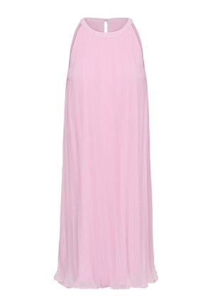 Vestido sin mangas de gasa plisada en rosa claro con cuello alto y cierre con botón en forma de ojo de cerradura en la espalda.