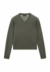 Maglione a V in verde scuro con maniche lunghe, realizzato in tessuto morbido. Presenta un collo e polsini a coste, orlo leggermente corto.