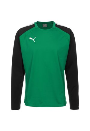 T-shirt d'entraînement vert à manches longues avec des manches noires, présentant un logo Puma blanc sur la poitrine et un design à col rond. Texture lisse.