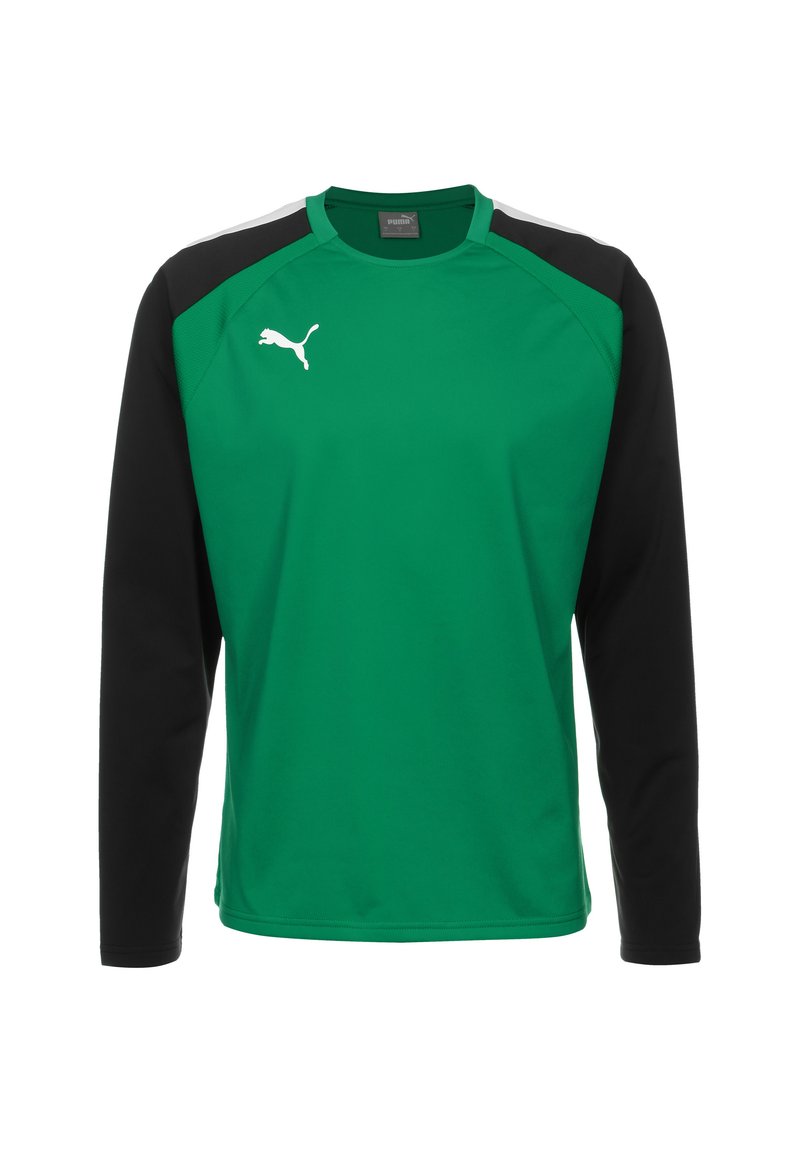 Groene longsleeve trainingsshirt met zwarte mouwen, voorzien van een wit Puma-logo op de borst en een rond decolleté ontwerp. Soepele textuur.