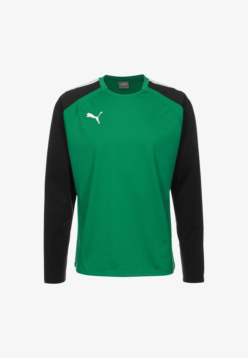Maglietta da allenamento verde a maniche lunghe con maniche nere, caratterizzata da un logo Puma bianco sul petto e un design a girocollo. Tessuto morbido.