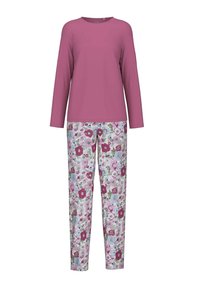Lange mouwen roze top gecombineerd met bloemenpatroonbroek in pastelkleuren roze, blauw en groen, gemaakt van zachte, lichte stof.
