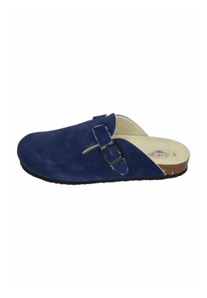 Blue suede slip-on clog with a soft interior, adjustable buckle detail on the side, and a textured black rubber outsole.