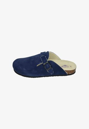 Blaue Wildleder-Slipper mit weichem Innenfutter, verstellbarem Schnallen-Detail an der Seite und einer strukturierten schwarzen Gummisohle.