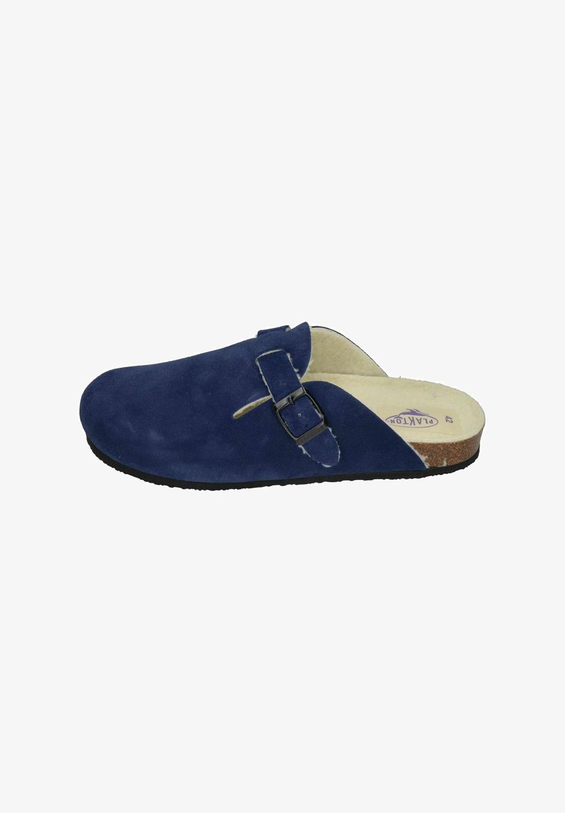 Blue suede slip-on clog with a soft interior, adjustable buckle detail on the side, and a textured black rubber outsole.