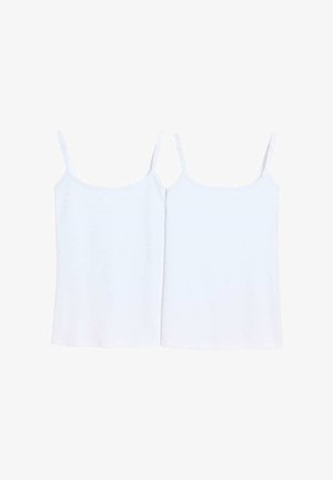 Deux camisoles blanches unies sans manches avec de fines bretelles ajustables, posées côte à côte sur un fond blanc.