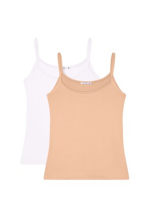 Set di due canottiere in beige e bianco. Realizzate in tessuto morbido con spalline sottili e design aderente. Texture liscia e scollatura semplice.