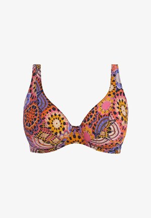 Multikleurige bh met een bloemenpatroon in tinten roze, oranje, paars en zwart; gladde stof; beugelsupport; verstelbare bandjes.