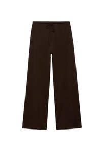 Brown wide-leg pants made of soft fabric with a drawstring waist, featuring a smooth texture and no visible patterns or accents.