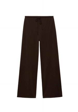 Pantalons wide-leg marron en tissu doux avec une taille à cordon, présentant une texture lisse et sans motifs ni accents visibles.