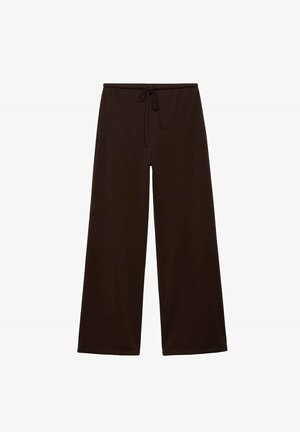 Brown wide-leg pants made of soft fabric with a drawstring waist, featuring a smooth texture and no visible patterns or accents.