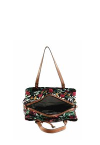 Borsa in tessuto con un motivo floreale nei colori rosso, verde e giallo, su uno sfondo scuro. Manici e chiusure con cerniera in pelle beige.