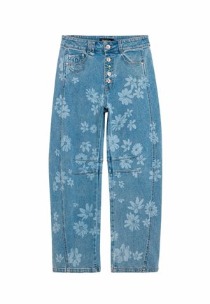 Jeans di denim blu con stampa floreale chiara, bottoni colorati decorativi, tasche frontali e taglio a gamba dritta.