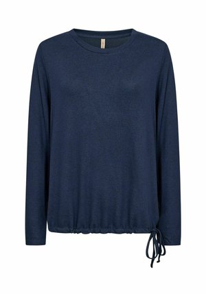 Navy long-sleeve top made from soft fabric with a round neckline and adjustable drawstring at the waist, providing a slightly fitted silhouette.