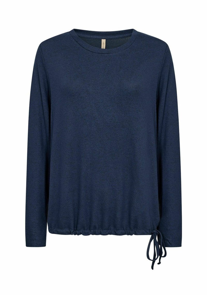 Marineblaues Langarmshirt aus weichem Stoff mit Rundhalsausschnitt und verstellbarem Kordelzug in der Taille, das eine leicht taillierte Silhouette bietet.