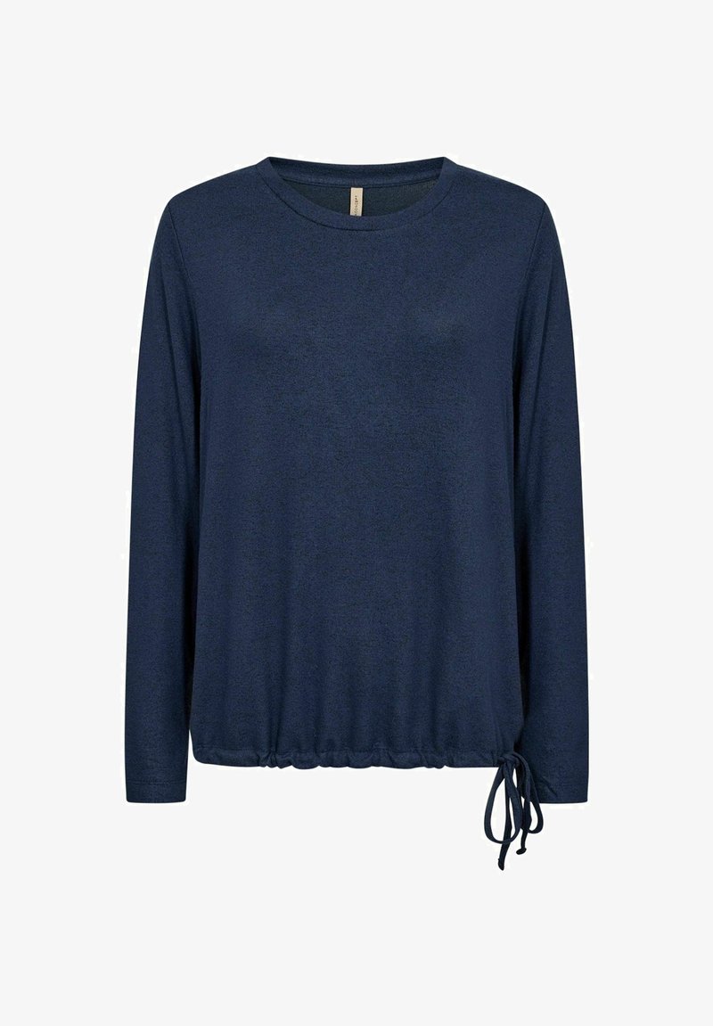 Granatowa bluzka z długim rękawem wykonana z miękkiego materiału, z okrągłym dekoltem i regulowanym sznurkiem w talii, co zapewnia lekko dopasowany krój.