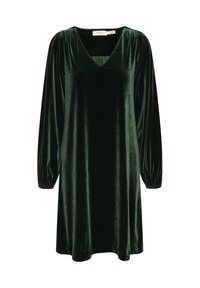Dunkelgrünes Samtkleid mit langen Puffärmeln, V-Ausschnitt und lockerem Schnitt. Glatte Textur mit minimalen Hardwaredetails.
