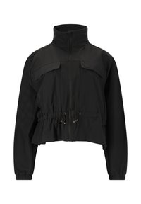 Black cropped jacket with a high collar, front zip, adjustable drawstring waist, and two chest pockets. Smooth, lightweight fabric.