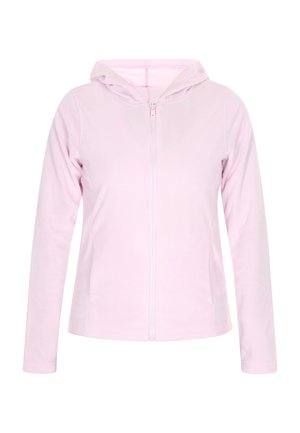Mikina na zip v měkké růžové fleecové látce. Má dlouhé rukávy, kapuci a plochý ševový design. Jednoduchá a hladká textura.