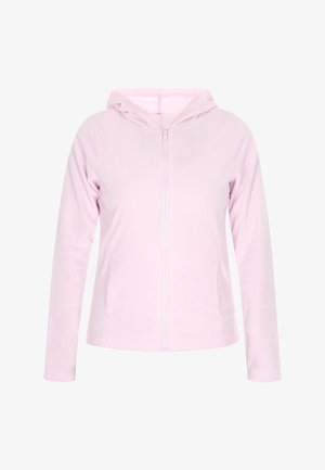 Mikina na zip v měkké růžové fleecové látce. Má dlouhé rukávy, kapuci a plochý ševový design. Jednoduchá a hladká textura.