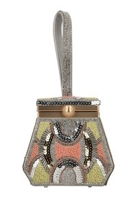 Perlenbesetzte Handtasche mit geometrischen Mustern in Gelb, Pink und Grau. Metallischer goldener Verschluss und ein strukturierter silberner Griff, verziert mit Strasssteinen.