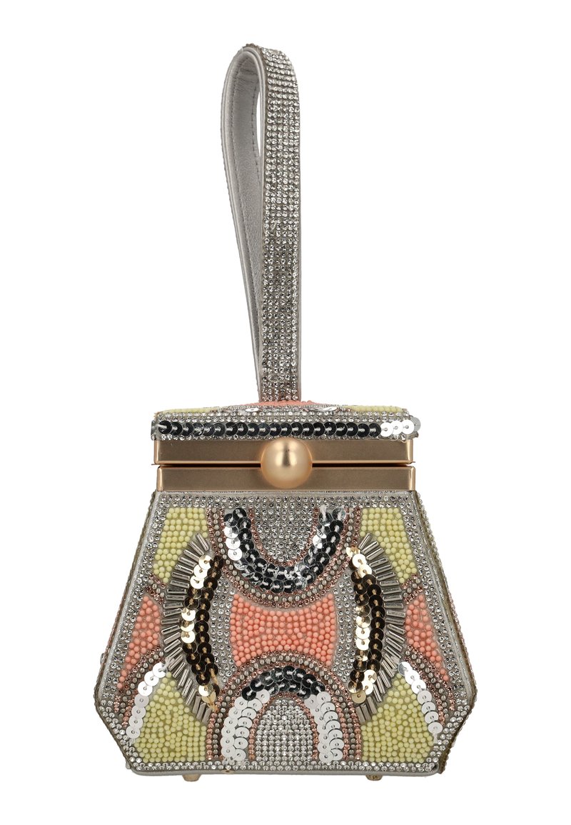 Perlenbesetzte Handtasche mit geometrischen Mustern in Gelb, Pink und Grau. Metallischer goldener Verschluss und ein strukturierter silberner Griff, verziert mit Strasssteinen.