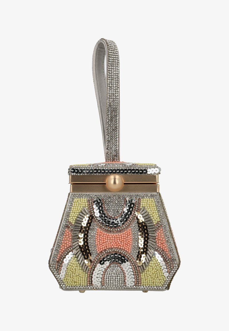 Perlenbesetzte Handtasche mit geometrischen Mustern in Gelb, Pink und Grau. Metallischer goldener Verschluss und ein strukturierter silberner Griff, verziert mit Strasssteinen.