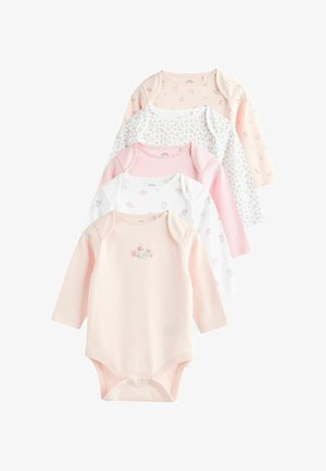Set van vier longsleeve rompertjes in roze en wit. Kenmerken zijn bloempatronen, een roze gestreept ontwerp en een bloemenborduursel aan de voorkant.