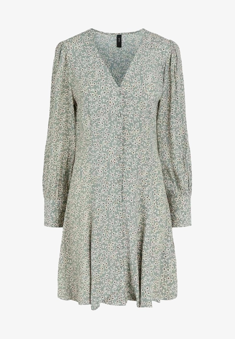 Vestito con motivo floreale in tessuto verde chiaro, caratterizzato da una scollatura a v, maniche lunghe a palloncino e un'apertura con bottoni nella parte anteriore, con gonna svasata.