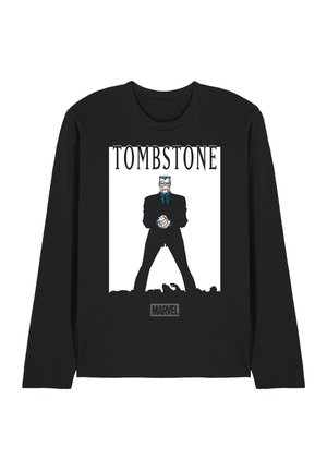 Black long-sleeve shirt with a graphic of Marvel character Tombstone standing with clenched fists, text "TOMBSTONE" above and "MARVEL" below.