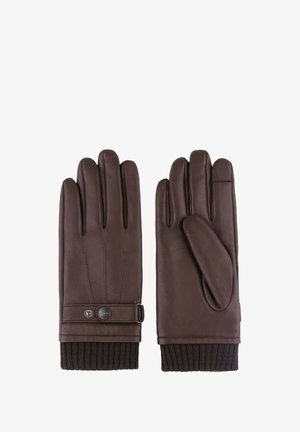 Pair of dark brown leather gloves with ribbed knit cuffs, one glove showing snap strap detail and the other touchscreen-compatible fingertip.