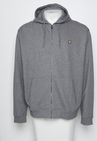 Sweat à capuche gris zippé intégralement, avec poches avant et petit logo d'oiseau jaune sur la poitrine gauche.