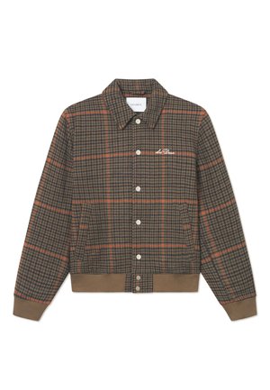 Brun rutete jakke med oransje linjer, knappestolpe foran, krage og ribbet kant. Har logo broderi på brystet. Myk tekstur.
