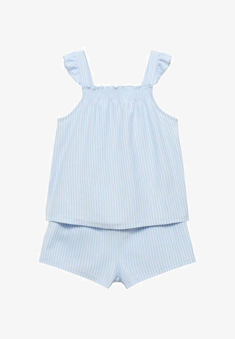 Modrý a biely pruhovaný dvojdielny set, ktorý sa skladá z tielka s volánovými ramienkami a zodpovedajúcich šortiek. Vyrobené z ľahkého materiálu.