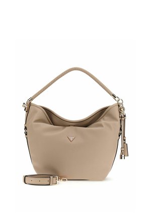 Borsa a mano in morbida pelle beige con manico superiore testurizzato, tracolla removibile e piccolo logo metallico triangolare al centro del davanti.