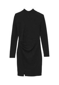 Schwarzes langärmliges Mini-Kleid mit hohem Kragen, gerafftem Detail an der Taille und einem kleinen Schlitz vorne am Saum.