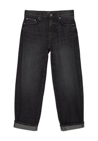 Jean en denim noir à coupe décontractée, avec des revers retroussés, deux poches avant et une fermeture à boutons. Texture lisse, décoloration minimale.