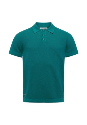 Krótki rękaw polo w kolorze morskim z trzema guzikami, klasycznym kołnierzykiem i teksturowaną tkaniną.