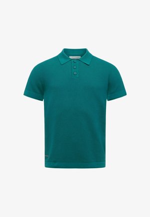 Polo turchese a maniche corte con tre bottoni, colletto classico e tessuto strutturato.