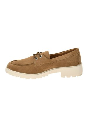 Brown suede loafer with lace-up front and thick white rubber sole, side view on a white background.